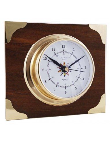 BRASS CLOCK ON WOODEN AND BRASS BOARD