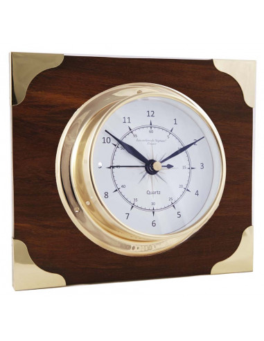 BRASS CLOCK ON WOODEN AND BRASS BOARD