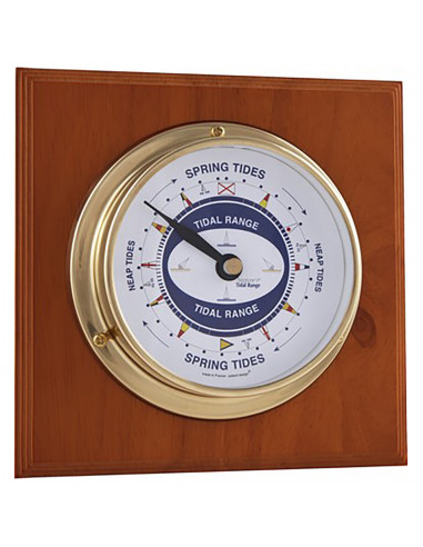 BRASS CASE TIDAL RANGE INDICATOR ON WOODEN BOARD