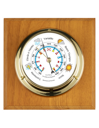 BRASS BAROMETER ON WOODEN BOARD