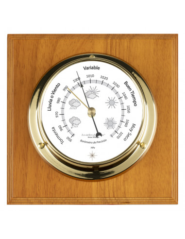 BRASS BAROMETER ON WOODEN BOARD