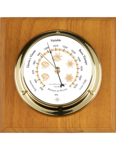 BRASS BAROMETER ON WOODEN BOARD