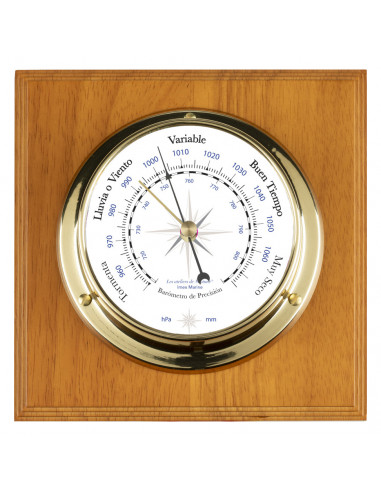 BRASS BAROMETER ON WOODEN BOARD