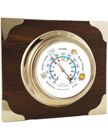 BRASS BAROMETER ON WOODEN AND BRASS BOARD