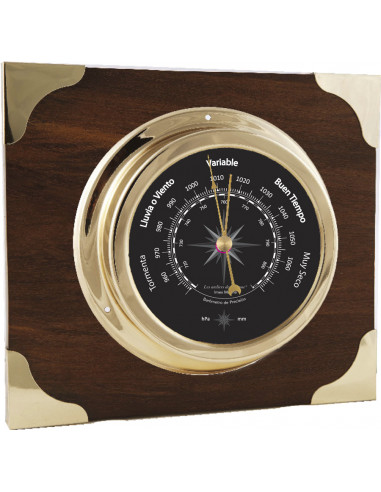 BRASS BAROMETER ON WOODEN AND BRASS BOARD