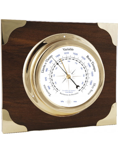 BRASS BAROMETER ON WOODEN AND BRASS BOARD